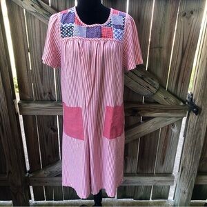 Go Softly Patio Dress Red & White Stripe with Patchwork Detail at Chest Size S